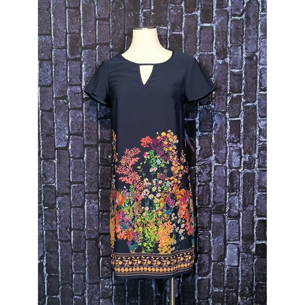Merona Navy Blue Floral Border Shift Dress Size XS Short Sleeve Keyhole Cut Out - Picture 1 of 6